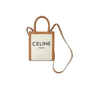 Celine Vertical Cabas shoulder bag Beige Tan canvas leather